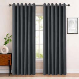Bedlooms Charcoal Linen Curtain 100% Blackout Thermal Insulated Eyelet Curtain (Pair) 66 X 90 Inches With Tie Back Two