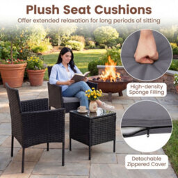 Costway Garden Furniture Set 3-Piece Rattan Conversation Set With 2 Cushioned Chairs-Grey - thumbnail 6