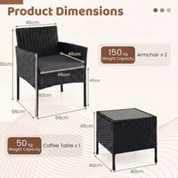 Costway Garden Furniture Set 3-Piece Rattan Conversation Set With 2 Cushioned Chairs-Grey - thumbnail 2