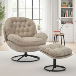 Beige Chenille Fabric Azura Swivel Accent Chair With Footstool