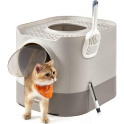 Covered Cat Litter Box With Lid, Slide-Out Tray, Anti-Tracking, Scoop And Brush, Oatmeal And Warm Grey - thumbnail 6