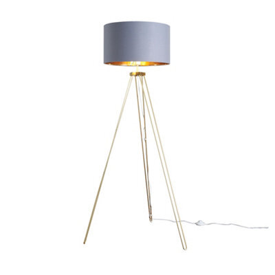 Valuelights Aero Modern Gold Hairpin Design Tripod Floor Lamp With Grey/gold Drum Shade - Includes 6W Led Gls Bulb 3000K - image 1