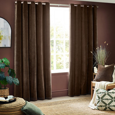 Yard Heavy Chenille Velvet Room Darkening Eyelet Curtain Pair Brown (W)168Cm X (D)183Cm - image 1