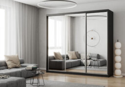 Fhif Dubai 250Cm Black Sliding Door Wardrobe Modern Bedroom Storage With Full Length Mirror Shelves And Hanging Rails - thumbnail 1