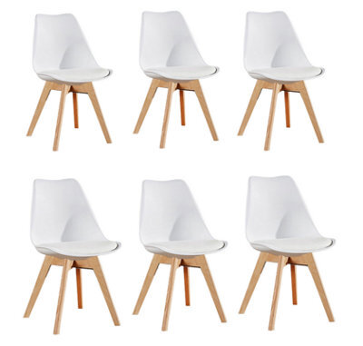 Life Interiors Set Of 6 White Scandinavian Dining Chairs With Leather Cushions Solid Wood Legs - image 1