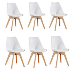 Life Interiors Set Of 6 White Scandinavian Dining Chairs With Leather Cushions Solid Wood Legs
