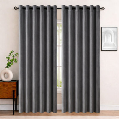 Bedlooms Grey Crushed Velvet Curtains Blackout Thermal Insulated Eyelet Curtain (Pair) 66 X 90 Inches With Tie Back Two - image 1