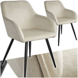 Tectake Set Of 2 Dining Chair Marilyn - With Armrests, Padded, Velvet Look, Black Steel Legs  - Cream/black