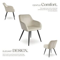 Tectake Set Of 2 Dining Chair Marilyn - With Armrests, Padded, Velvet Look, Black Steel Legs  - Cream/black - thumbnail 3