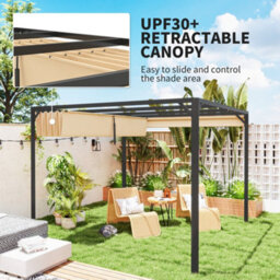 Outsunny 3 X 3(M) Pergola With Retractable Roof & Roller Shade, Khaki - thumbnail 4