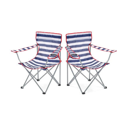 STAR SUPPLIES 2X Outdoor Garden Patio Camping Lightweight Blue And Red Striped Folding Chairs With Cup Holder & Arm Rest - image 1