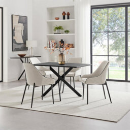 Furniturebox Uk Leonardo Black Top Dining Table & 4 Beaumont Cream Fabric Chairs