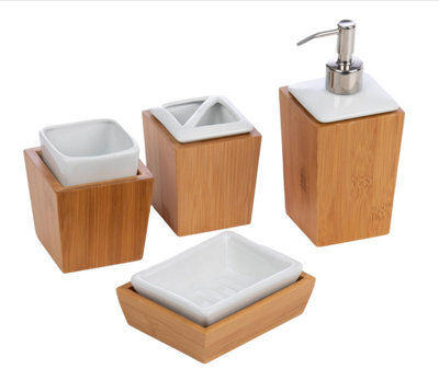 Homiu Classic Bamboo And Porcelain 4 Pc Bath Set, Soap Dish, Toothbrush Holder, Tumbler, Liquid Soap/lotion Dispenser Set - image 1
