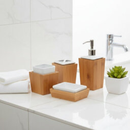 Homiu Classic Bamboo And Porcelain 4 Pc Bath Set, Soap Dish, Toothbrush Holder, Tumbler, Liquid Soap/lotion Dispenser Set - thumbnail 3