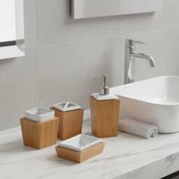 Homiu Classic Bamboo And Porcelain 4 Pc Bath Set, Soap Dish, Toothbrush Holder, Tumbler, Liquid Soap/lotion Dispenser Set - thumbnail 4