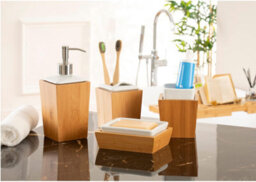Homiu Classic Bamboo And Porcelain 4 Pc Bath Set, Soap Dish, Toothbrush Holder, Tumbler, Liquid Soap/lotion Dispenser Set - thumbnail 2