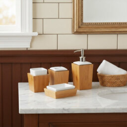 Homiu Classic Bamboo And Porcelain 4 Pc Bath Set, Soap Dish, Toothbrush Holder, Tumbler, Liquid Soap/lotion Dispenser Set - thumbnail 5