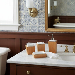 Homiu Classic Bamboo And Porcelain 4 Pc Bath Set, Soap Dish, Toothbrush Holder, Tumbler, Liquid Soap/lotion Dispenser Set - thumbnail 6