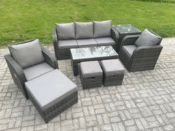 Fimous 8 Seater Rattan Garden Furniture Set With Rectangular Coffee Table Side Table 3 Footstools Patio Outdoor Lounge Sofa Set - thumbnail 2