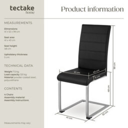 Tectake Set Of 4 Dining Chairs - Cantilevered, High Backrest, Flat Steel Frame  - Black - thumbnail 6
