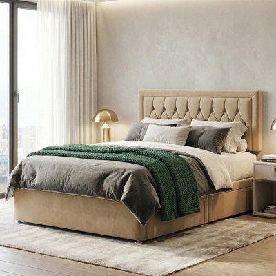Adore Designs Diamond Cut Plush Velvet Divan Bed, Headboard - 6Ft Super King - Coffee - 2 Drawers Same Side - image 1