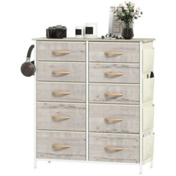 Fabric Chest Of Drawers, 10 Drawer Dresser For Bedroom, Natural Wood - thumbnail 1