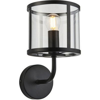 Loops Indoor Matt Black Wall Light - Clear Glass Shade - Dimmable 7W Led E14 - image 1