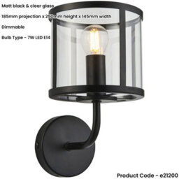 Loops Indoor Matt Black Wall Light - Clear Glass Shade - Dimmable 7W Led E14 - thumbnail 2