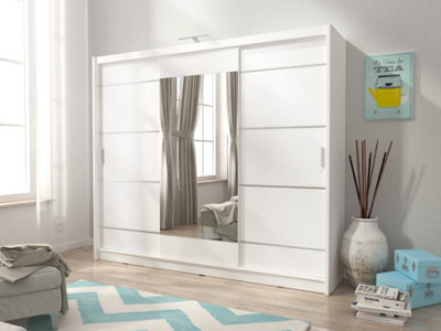 Arte Wiki Alu Contemporary 3 Sliding Door Wardrobe Mirrored 9 Shelves 1 Hanging Rail White Matt With Led (H)2140mm (W)2500mm (D)620mm - image 1