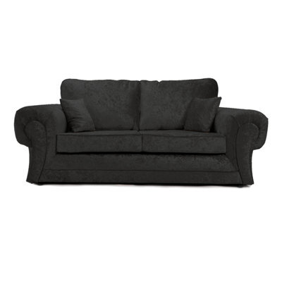 Furnishings For Less UK Chelsea Black Crushed Velvet Large 3 Seater Sofa Rolled Arms