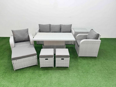 Fimous Pe Rattan Garden Furniture Set Reclining Chair Sofa Lounge Sofa Set Adjustable Lifting Table Side Table 3 Stools Light Grey - image 1