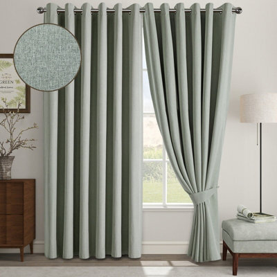 Aspire Homeware Sage Green Linen 100% Blackout Curtain Thermal Insulated Eyelet Curtain Pair (W)168Cm X (D)183Cm With Tie Back