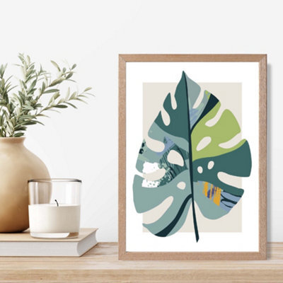 Artze Wall Art Monstera Leaf Teal And Green Mid Century Modern  Framed Print Size: A4 With Oak Frame