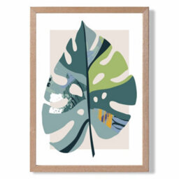 Artze Wall Art Monstera Leaf Teal And Green Mid Century Modern  Framed Print Size: A4 With Oak Frame - thumbnail 2