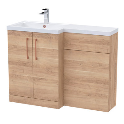 Balterley Left-Hand Bathroom Vanity And Wc Unit Combination With Basin - 1100mm - Woodgrain Light Oak With Copper Handles - image 1