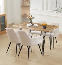 Hallowood Furniture Cullompton Large Dining Table 120Cm, Live Edge Effect Top,  With 4 Beige Fabric Arm Chairs