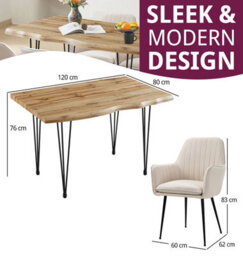 Hallowood Furniture Cullompton Large Dining Table 120Cm, Live Edge Effect Top,  With 4 Beige Fabric Arm Chairs - thumbnail 3