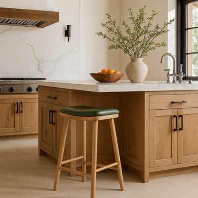 Where Saints Go Ltd Lhasa Counter Stool, Green Leather Seat, Natural Teak Frame, 66Cm By Where Saints Go - image 1