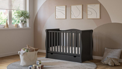 VICULII Willow Black Sleigh Mini Cot Bed With Drawer And Pocket Sprung Hypoallergenic 120 X 60 Cm - image 1