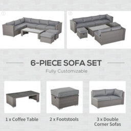 Outsunny 6Pc Pe Rattan Corner Sofa Set Outdoor Conservatory Furniture W/ Cushion - thumbnail 6