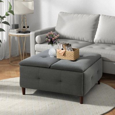 Double Open Grey Linen Fabric Large Square Storage Ottoman With Lift Top - image 1