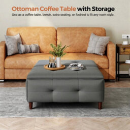 Double Open Grey Linen Fabric Large Square Storage Ottoman With Lift Top - thumbnail 5