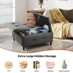 Double Open Grey Linen Fabric Large Square Storage Ottoman With Lift Top - thumbnail 4