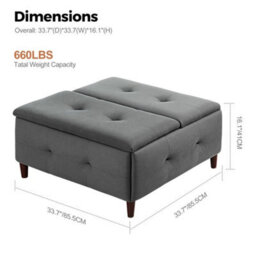 Double Open Grey Linen Fabric Large Square Storage Ottoman With Lift Top - thumbnail 2
