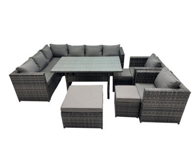 Fimous Outdoor Pe Rattan Sofa Set With Dining Table Patio Garden Furniture Sets With 3 Stool Dark Grey Mixed - image 1