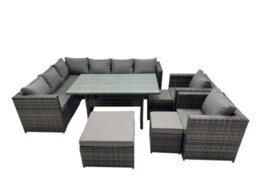 Fimous Outdoor Pe Rattan Sofa Set With Dining Table Patio Garden Furniture Sets With 3 Stool Dark Grey Mixed - thumbnail 1