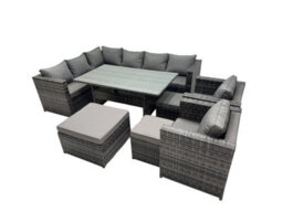 Fimous Outdoor Pe Rattan Sofa Set With Dining Table Patio Garden Furniture Sets With 3 Stool Dark Grey Mixed - thumbnail 2