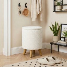 Living And Home Modern Round Teddy Fabric Storage Ottoman With Hidden Storage, White 43Cm Dia
