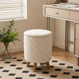 Living And Home Modern Round Teddy Fabric Storage Ottoman With Hidden Storage, White 43Cm Dia - thumbnail 2
