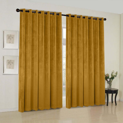 Oxford Homeware Eyelet Velvet Curtains Ochre Fully Lined Blackout Thermal Insulated Eyelet Curtains Pair (W)168Cm X (L)183Cm - image 1
